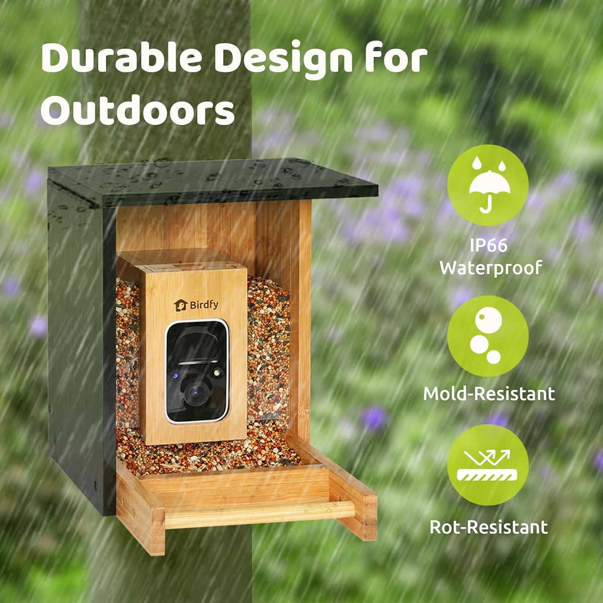 birdfy smart bird feeder with camera, high-end bamboo showing dimensions