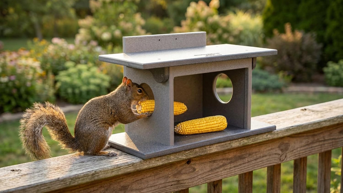 corn feeder for squirrels, gray/light gray, side view