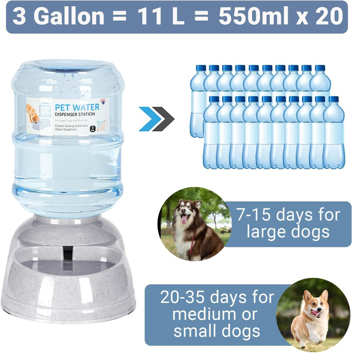 3 gallon dog water dispenser for large dogs showing dimensions