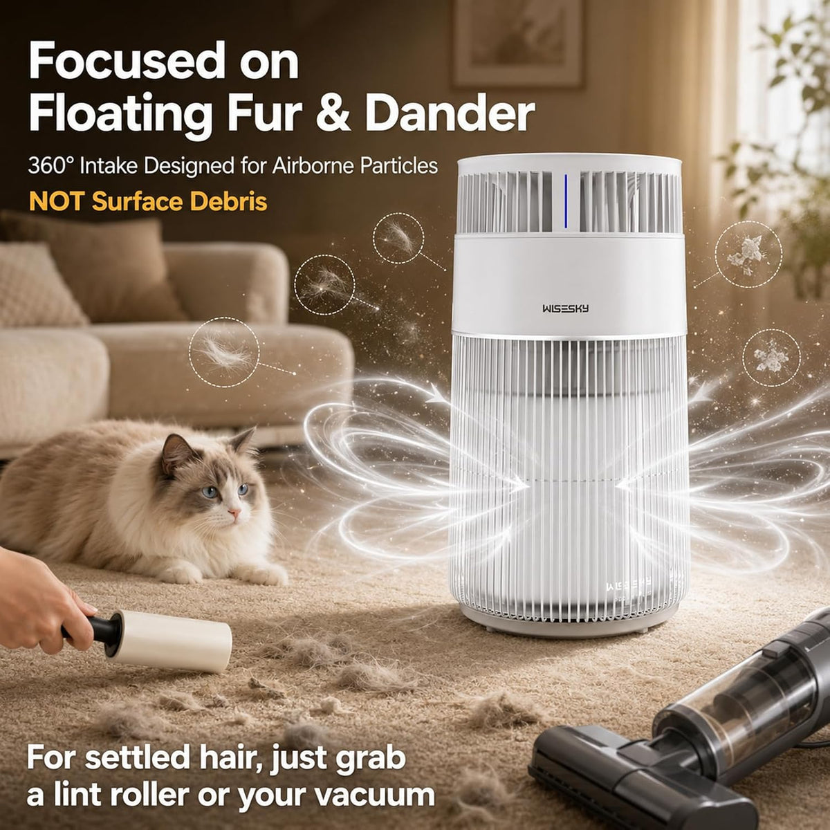 wisesky cat air purifier for large rooms, 5-stage shown in use