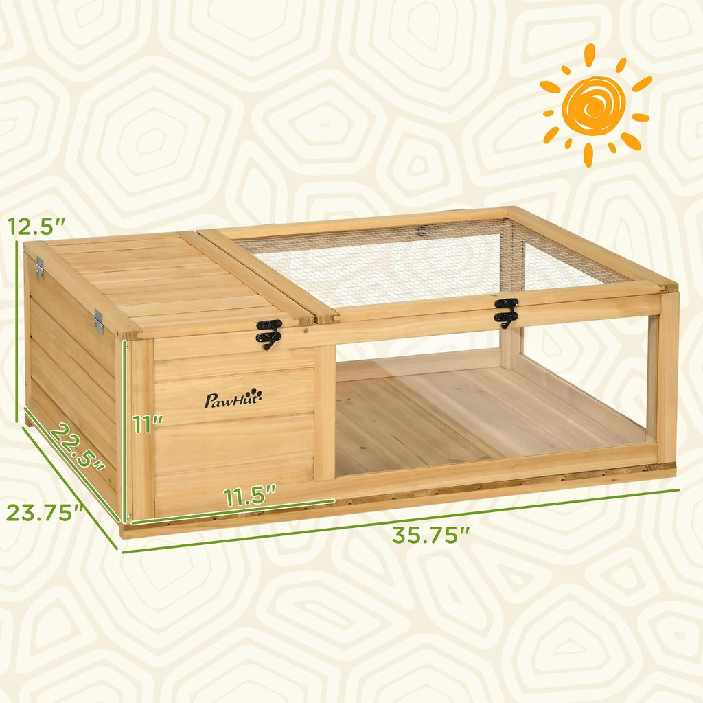 pawhut wooden tortoise house indoor turtle habitat enclosure on a desk or shelf