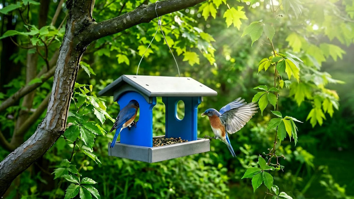 bluebird feeder - poly lumber - hanging blue shown in use