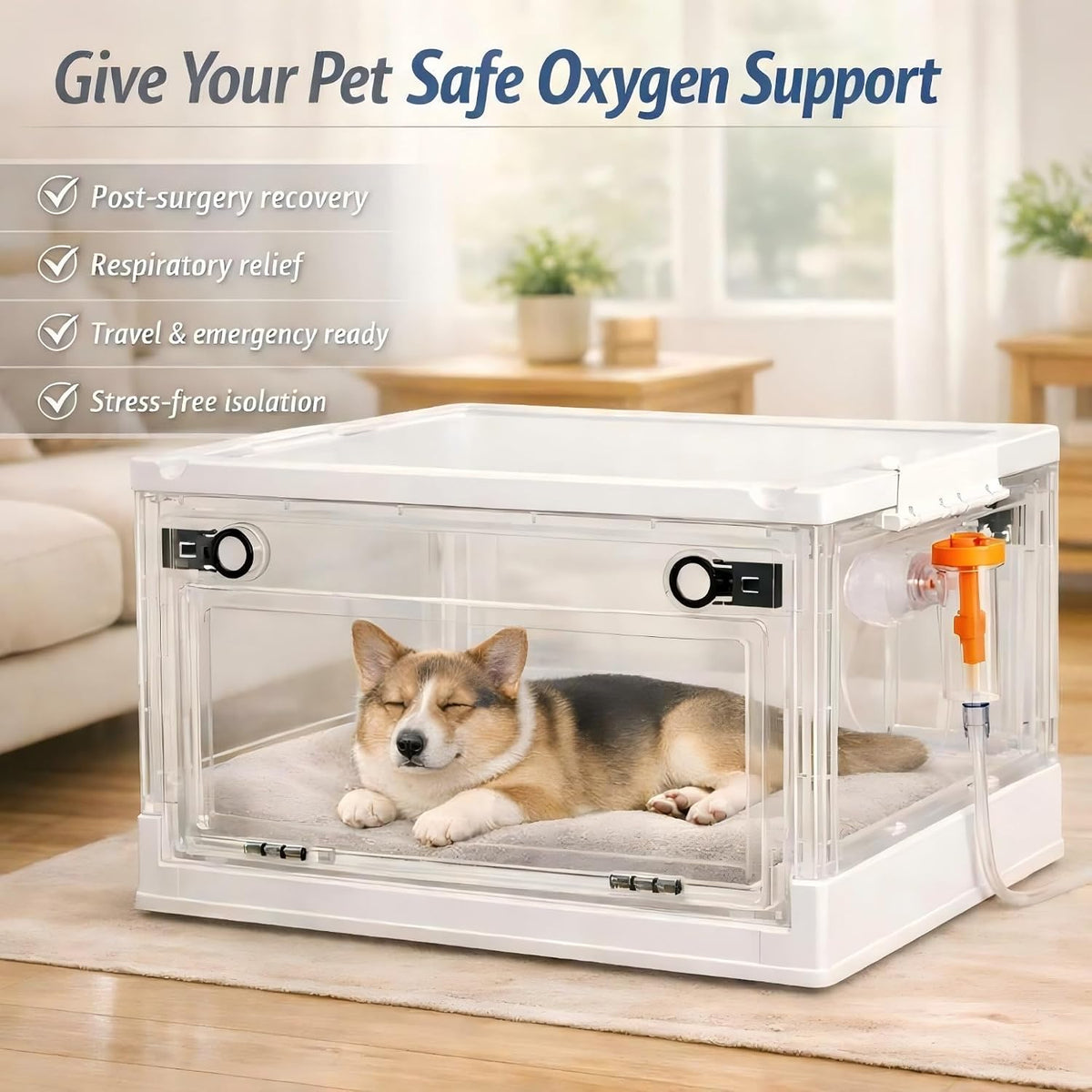 folding dog oxygen chamber with wheels, 115l shown in use