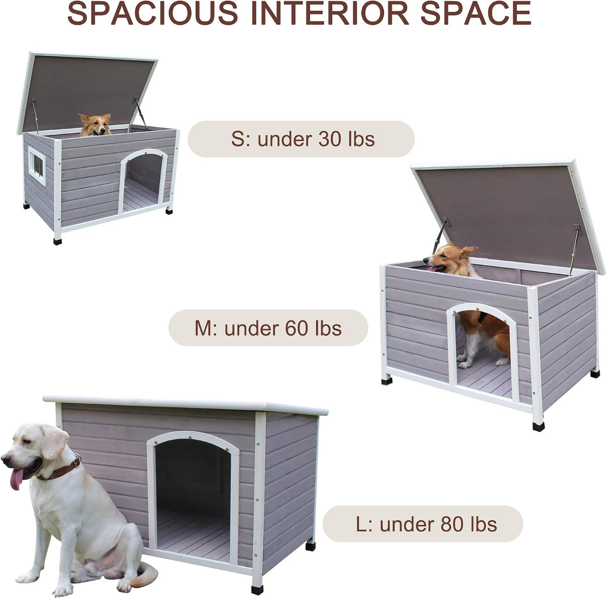 44" wooden large dog houses outdoor indoor, waterproof showing dimensions