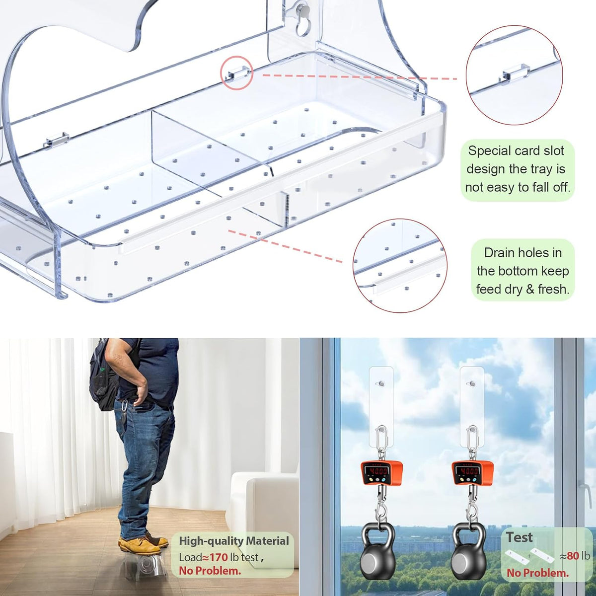 goodeco clear window bird feeder with water bowl, close-up detail