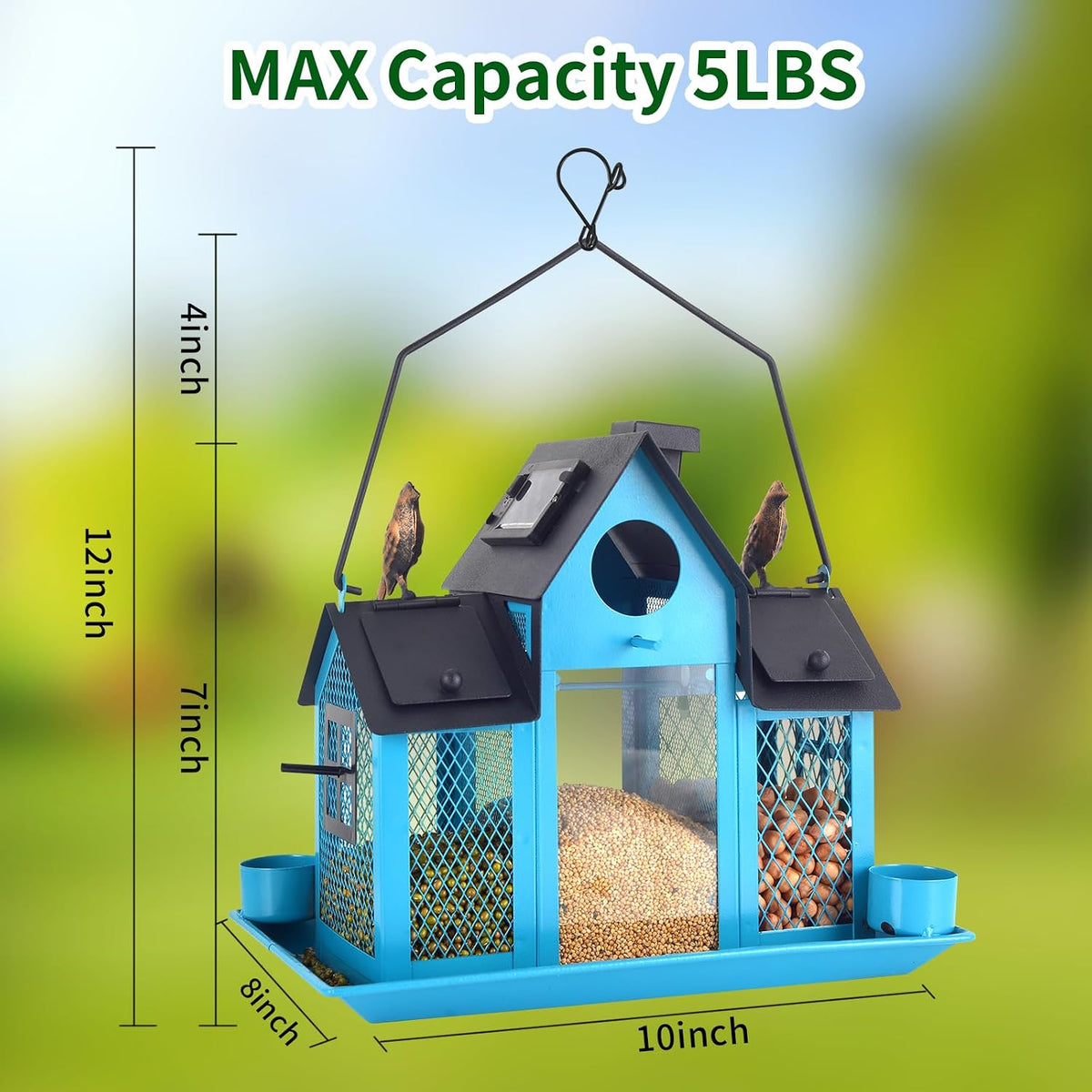 solar bird feeders house for outside hanging, metal shown in use