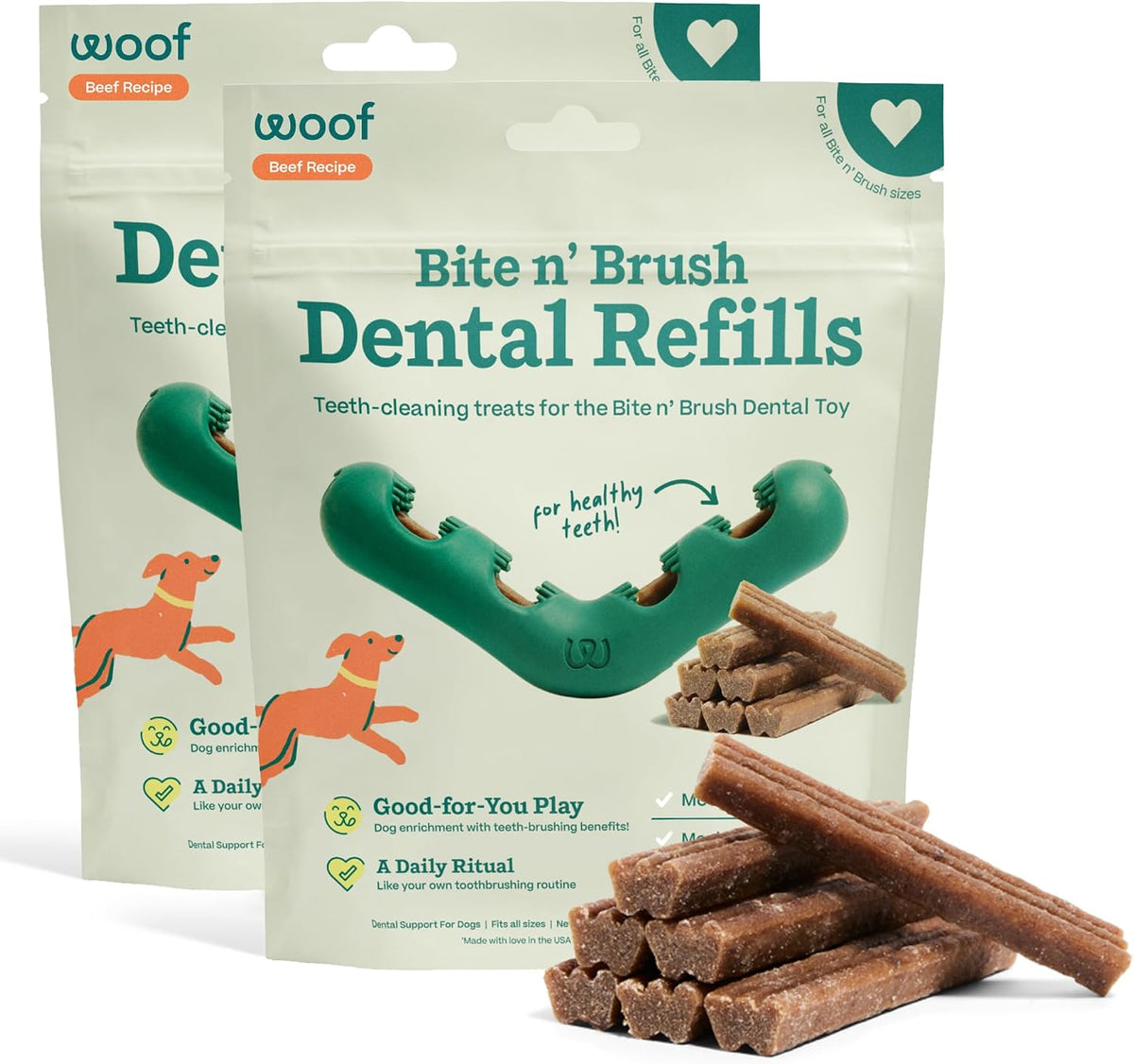 woof bite n' brush dog dental sticks, refills, main product view