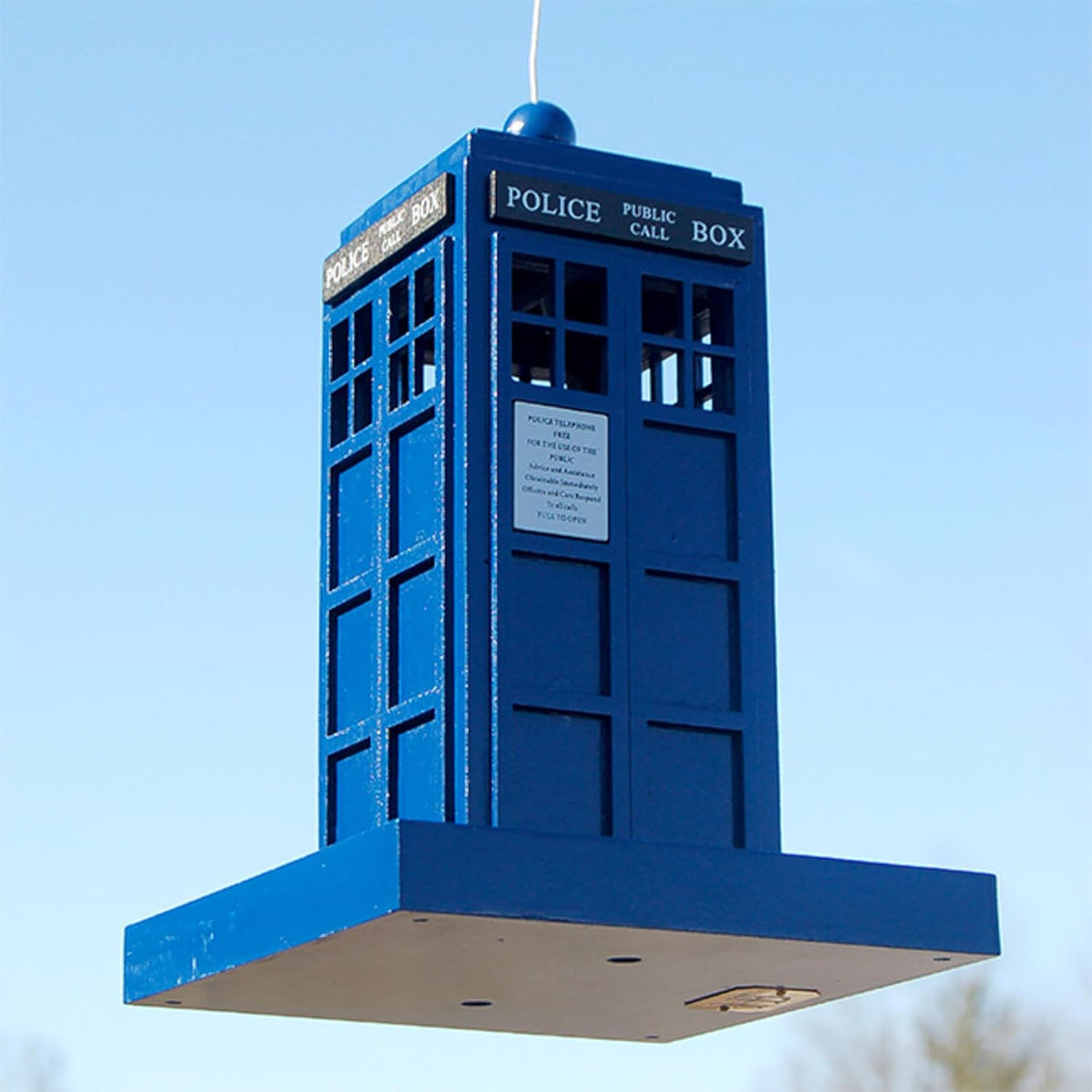 police box bird feeder, close-up detail