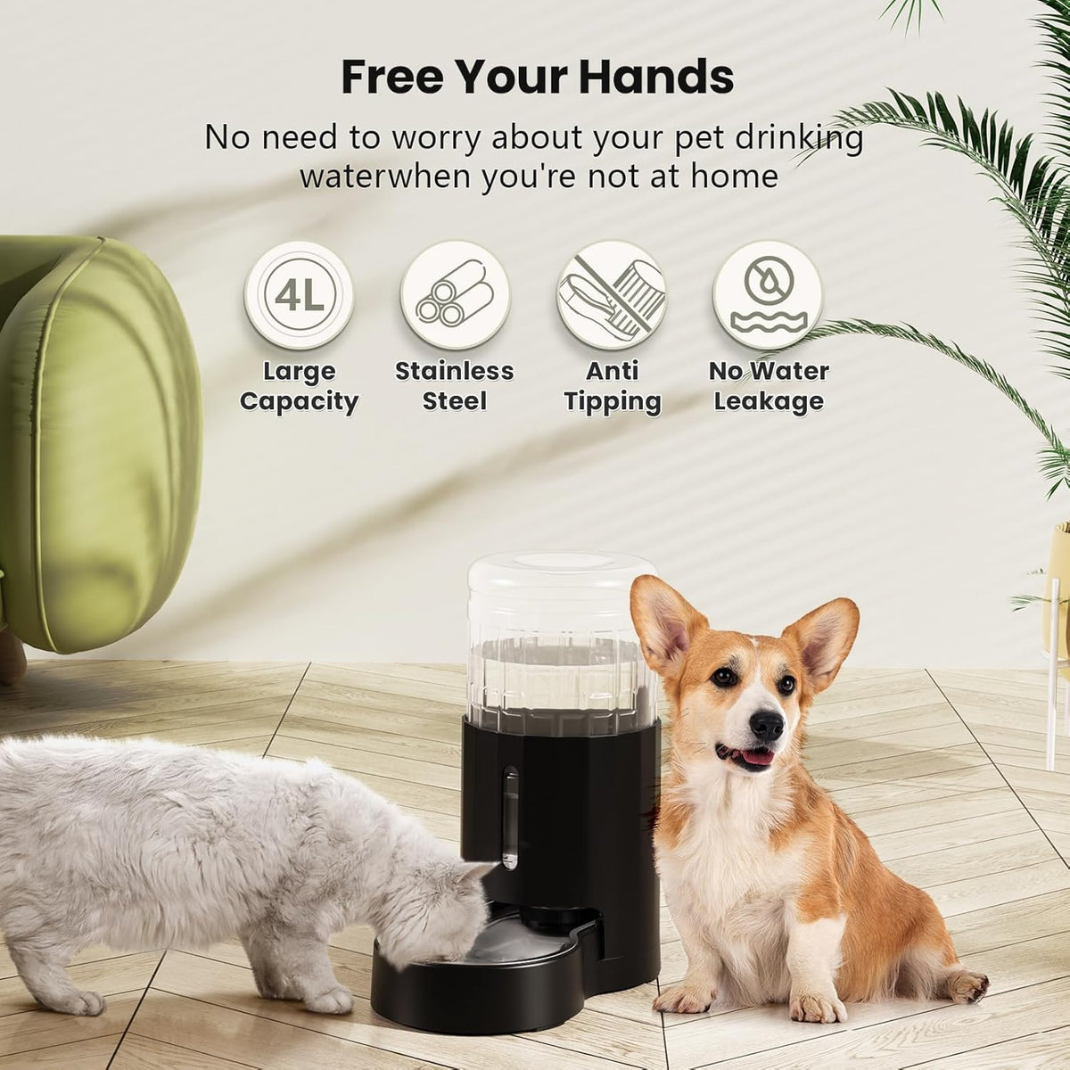 czpet automatic 4l/135oz/1gal cat water dispenser with stainless shown in use