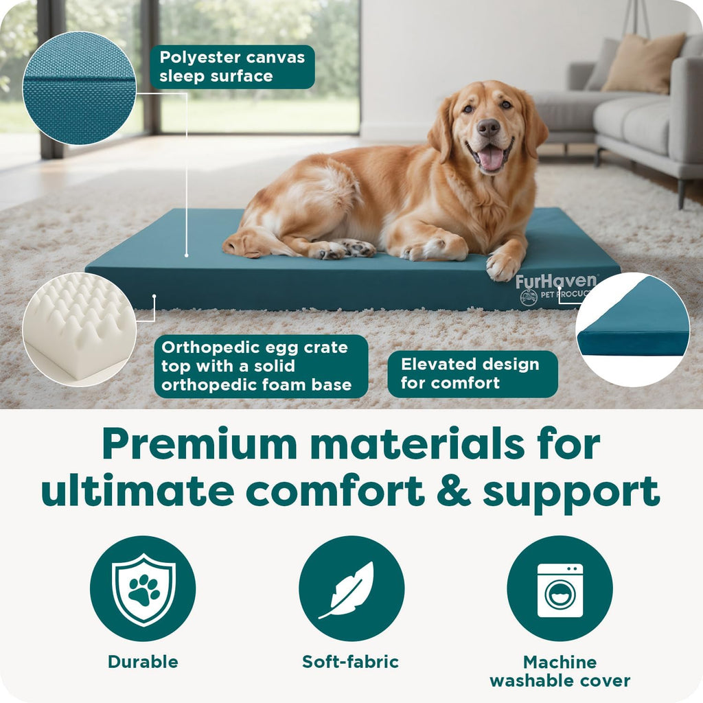 furhaven water-resistant orthopedic dog bed for large dogs showing dimensions