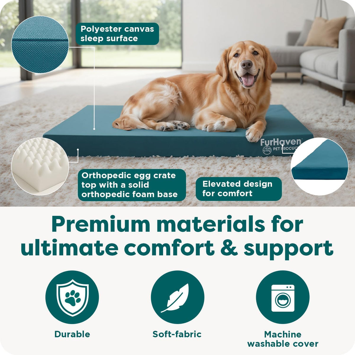 furhaven water-resistant orthopedic dog bed for large dogs showing dimensions