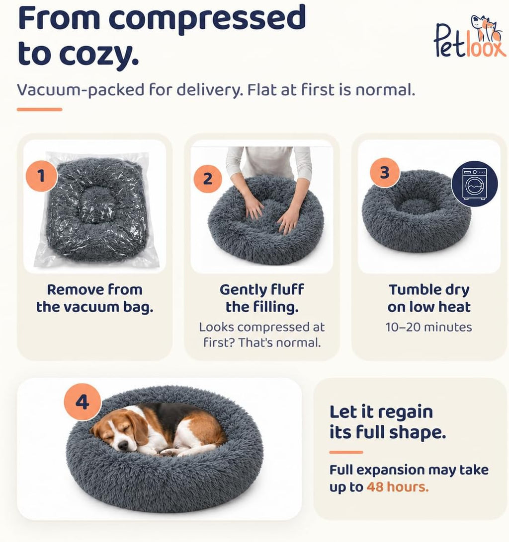 calming donut dog bed for small dogs, round showing dimensions