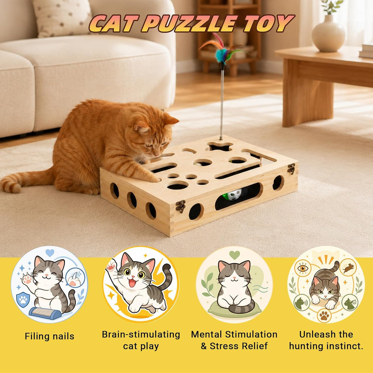 cat scratch puzzle enrichment box, interactive cat toy shown in use