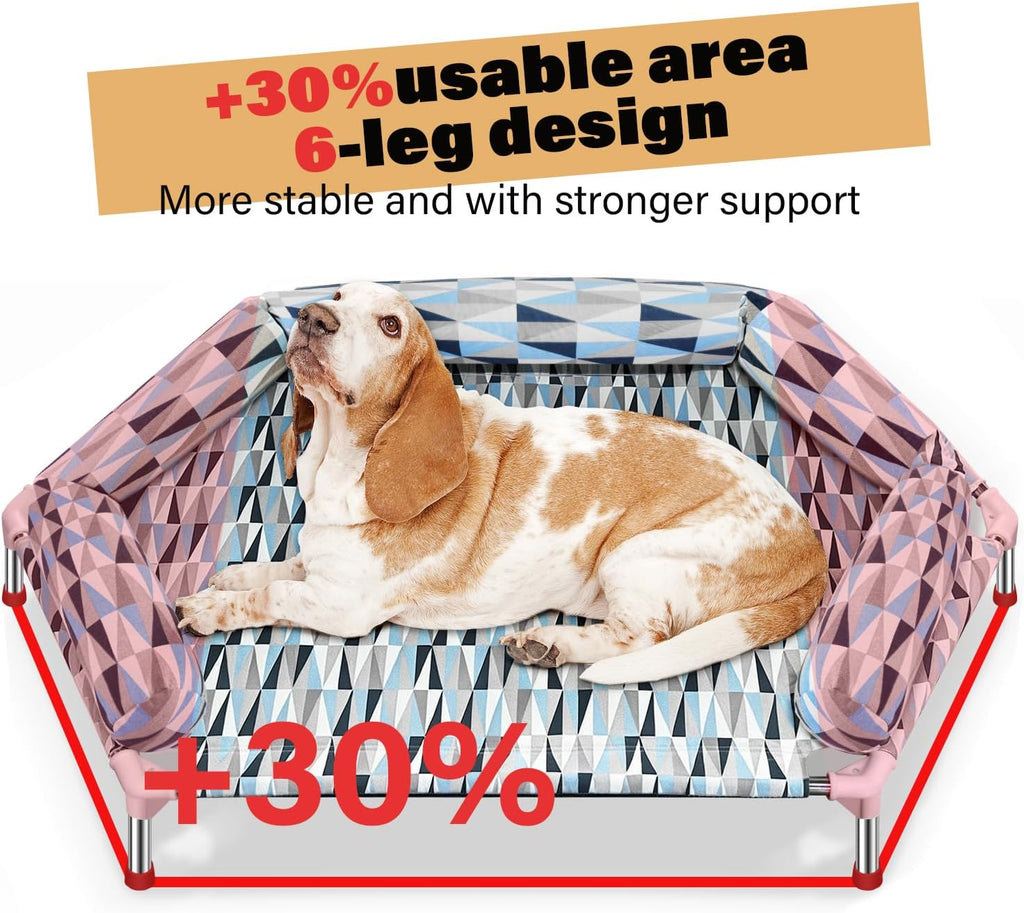 elevated dog bed with bolster, raised cooling orthopedic, close-up detail
