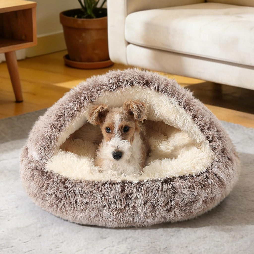 noyal hooded donut bed, calming cave for cats showing dimensions