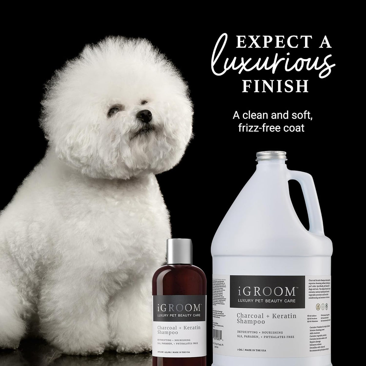 igroom charcoal keratin dog shampoo, luxury pet beauty showing dimensions