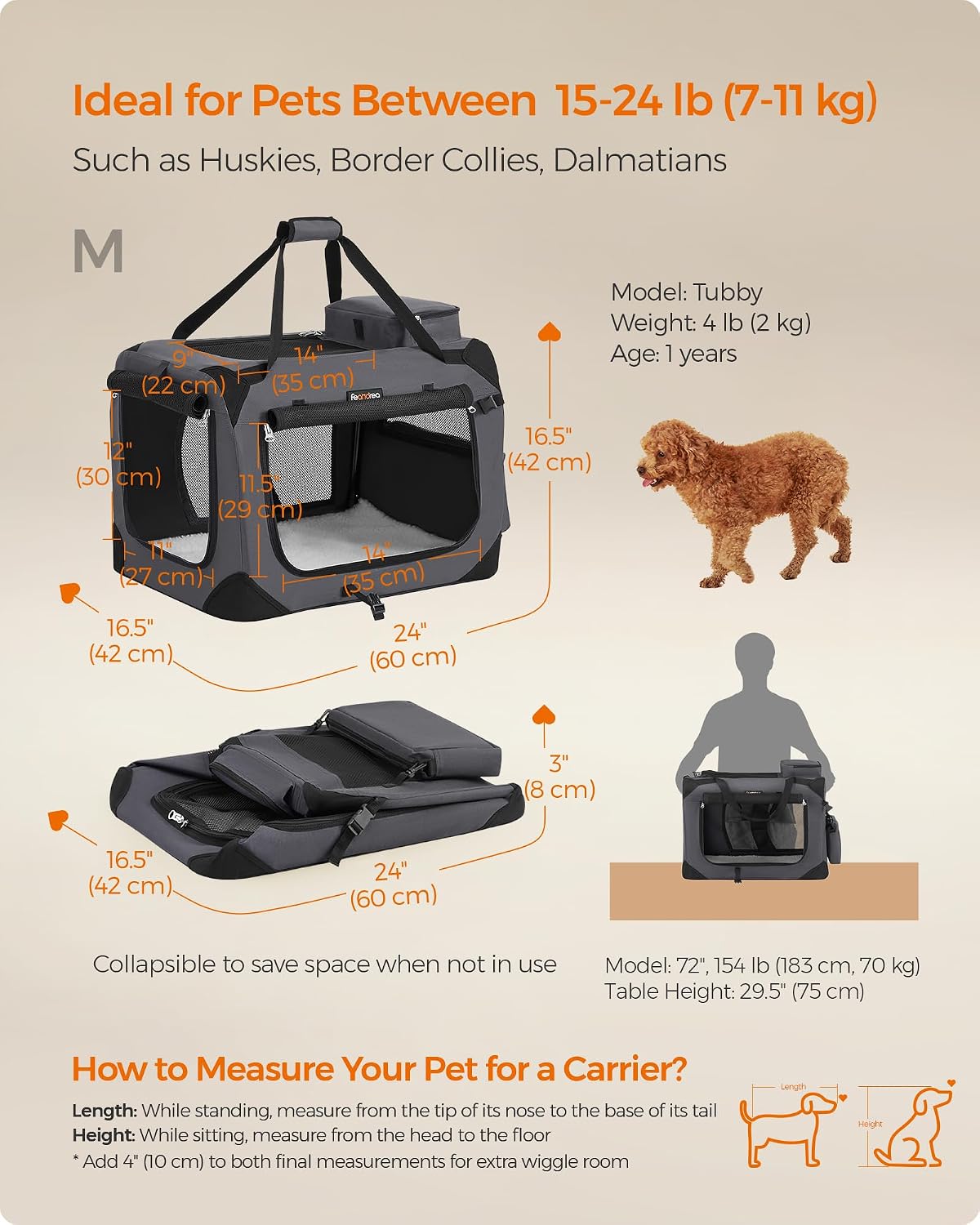 feandrea collapsible soft dog crate, portable travel carrier, side view
