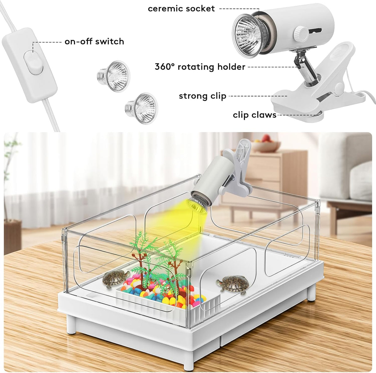small turtle tank kit with light and filter, close-up detail