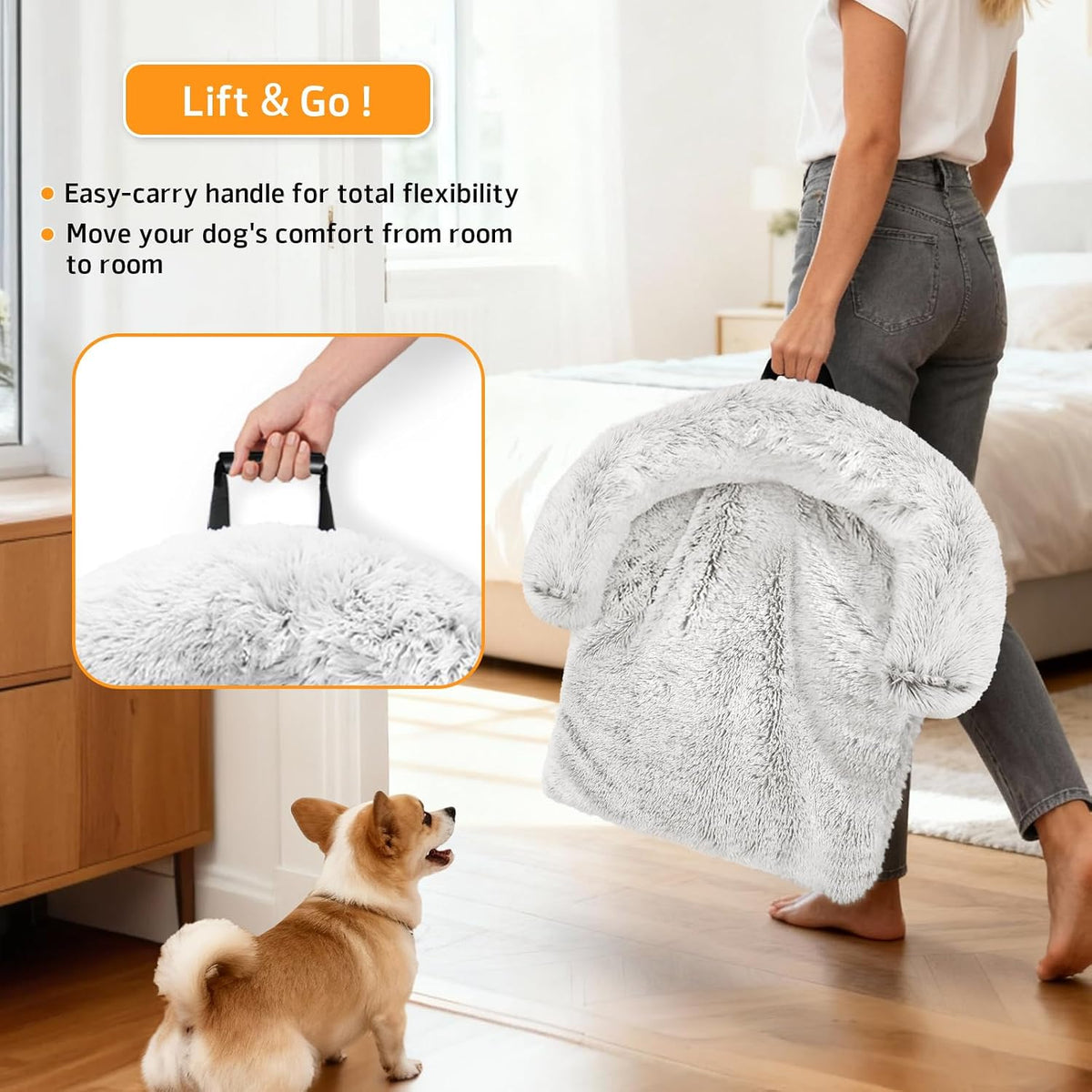 calming dog bed fluffy plush dog mat for, close-up detail
