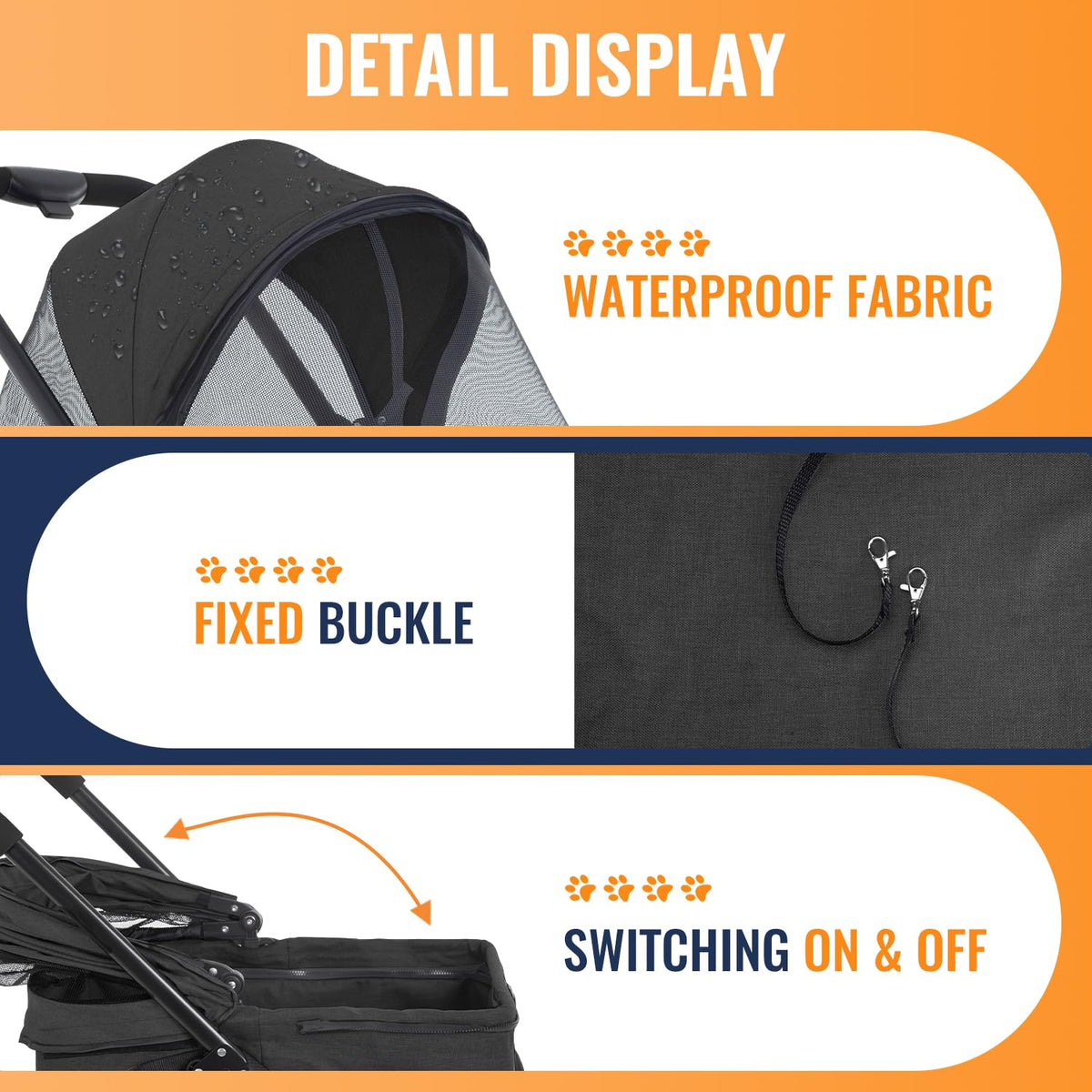 fdw 4-wheels multi-function dog stroller jogger with detachable, close-up detail