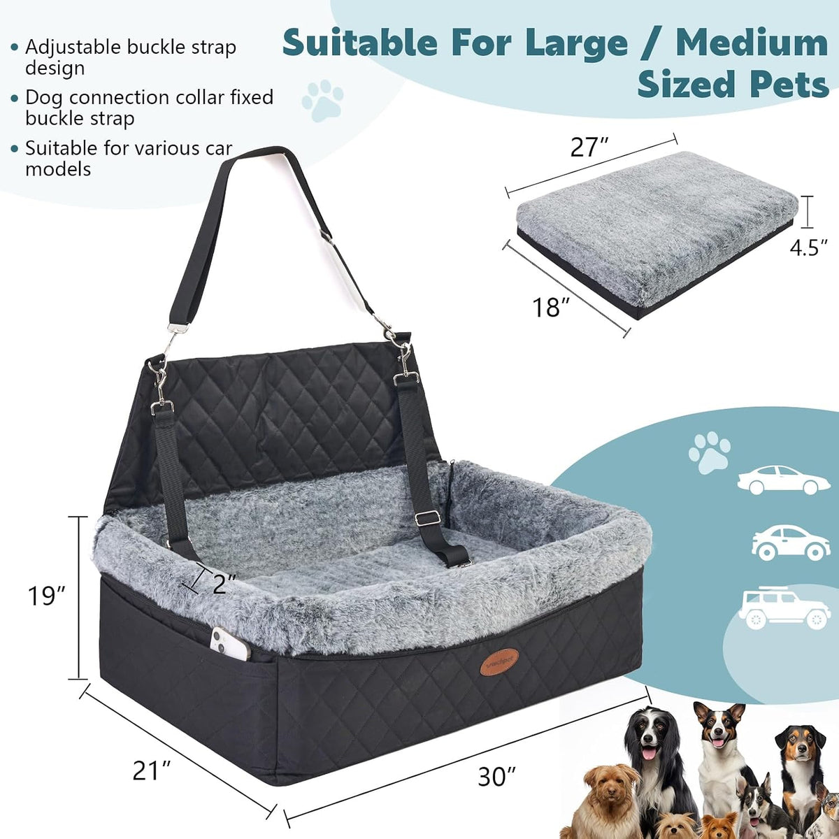 dog car seat for large/medium pet, anti slip, side view