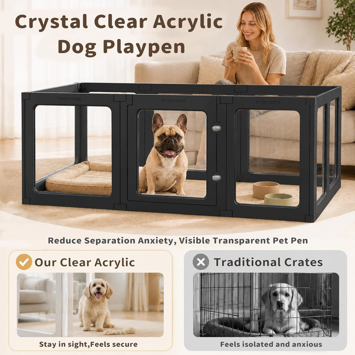 acrylic dog playpen indoor clear puppy fence, 24" shown in use