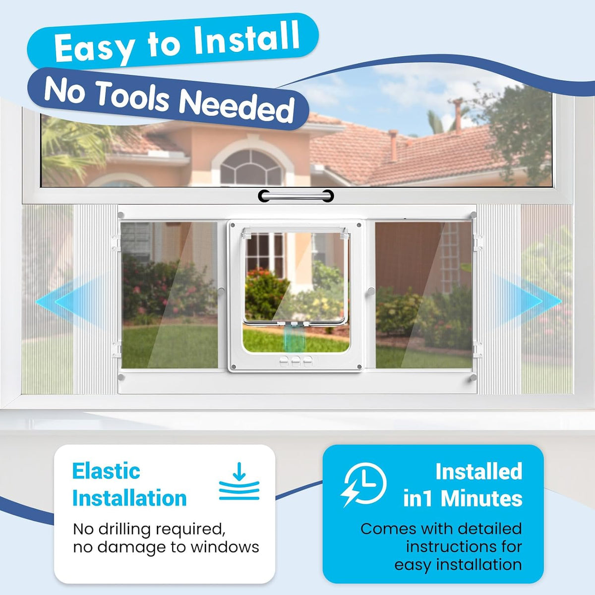 all season cat door for window with screen, close-up detail