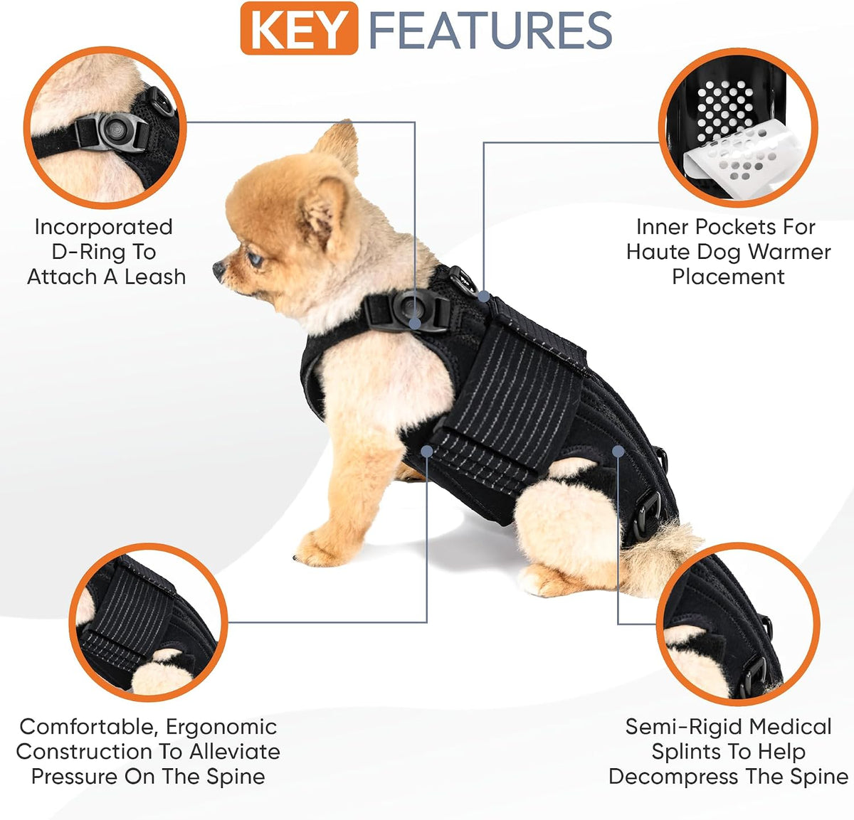 dog back brace with soothing heat warmers for, close-up detail