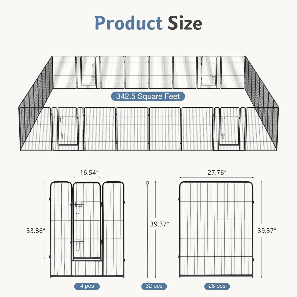 dumos dog playpen 40 inch 32 panels indoor showing dimensions