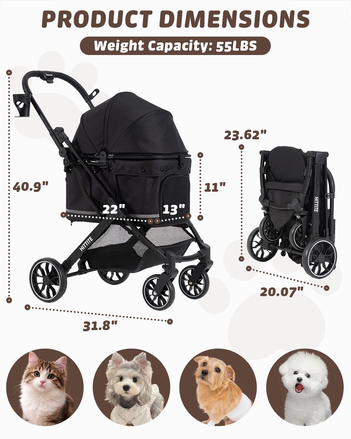 hittite pet stroller with weatherproof cover, all-terrain 4-wheel shown in use