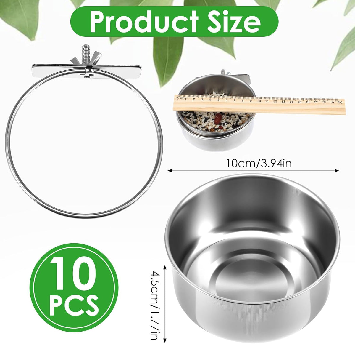 stainless steel bird food bowls with clamp holder shown in use