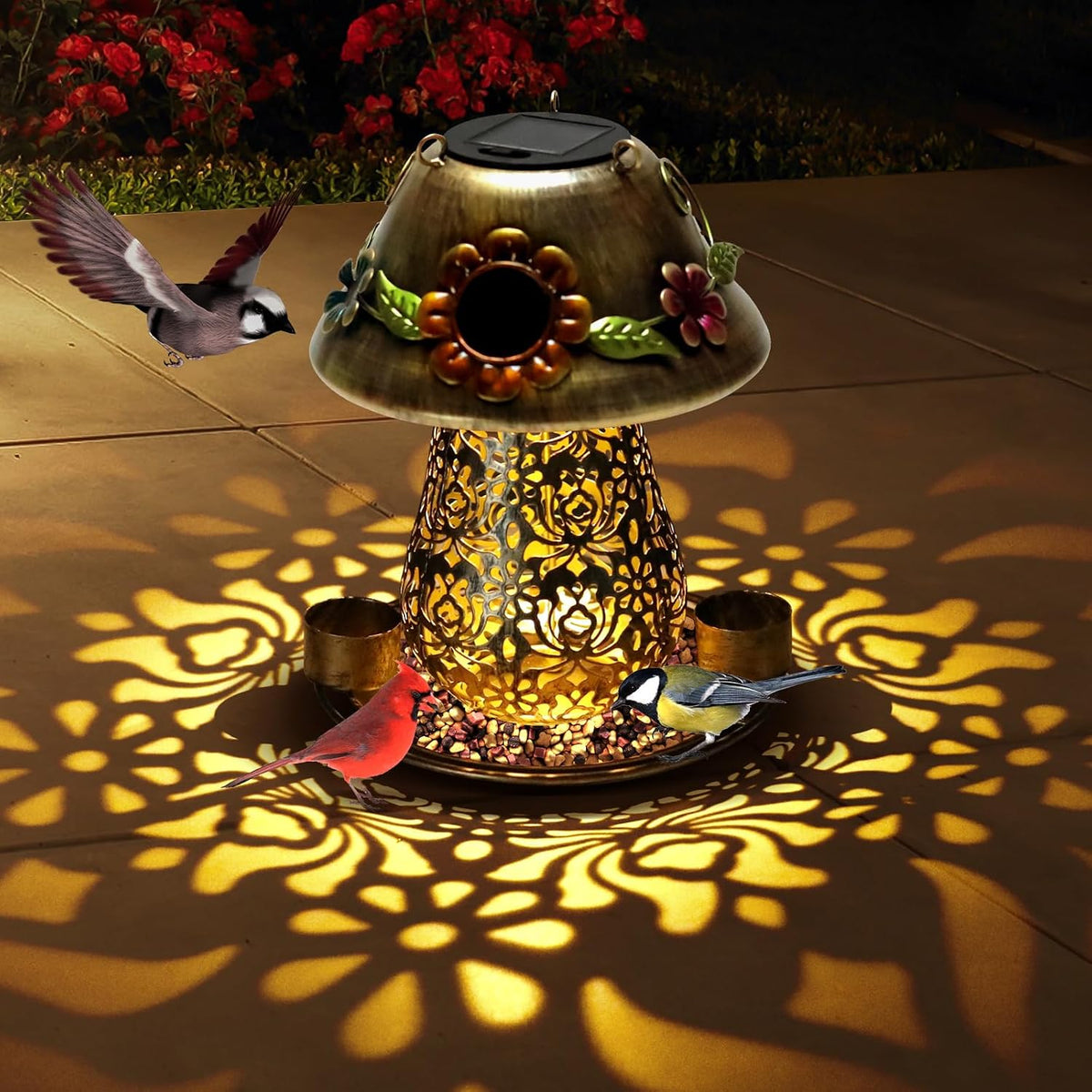 mushroom solar bird feeders for outdoors hanging metal, close-up detail