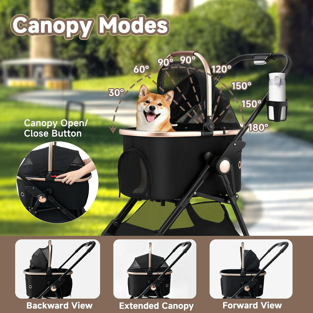 3-in-1 foldable pet stroller for small dogs & showing dimensions