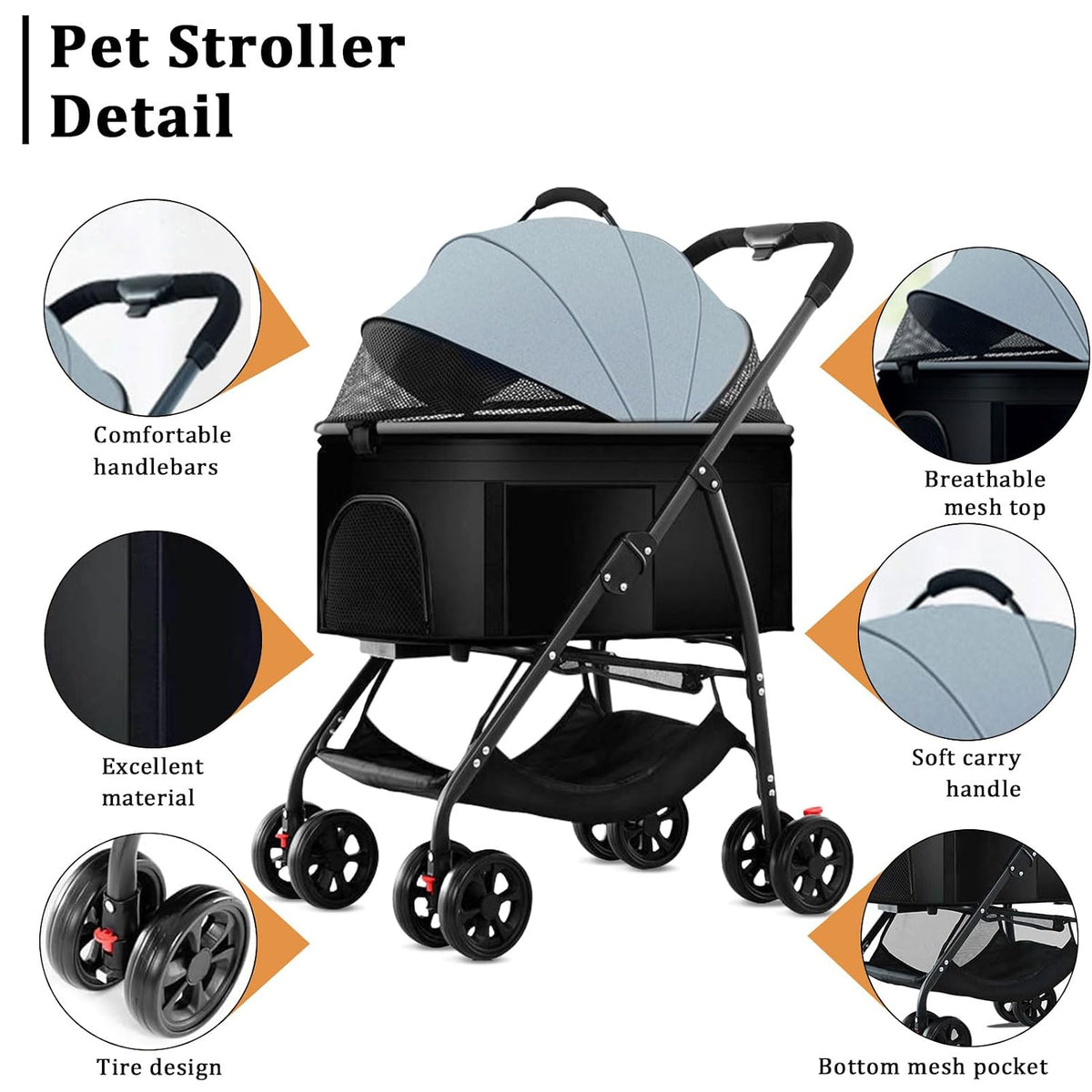 3 in 1 pet stroller for dogs cats, close-up detail