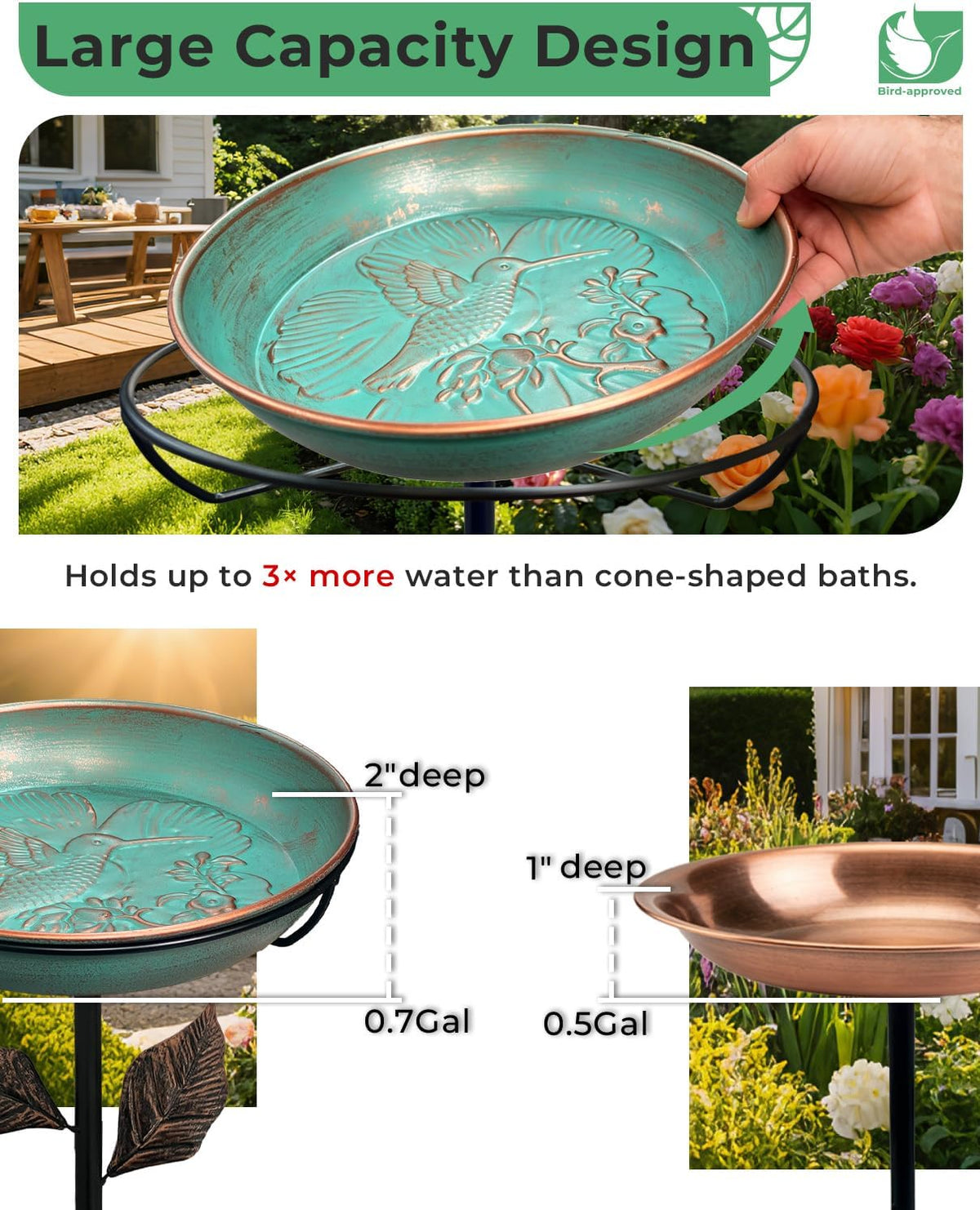 12" metal bird bath, hummingbird embossed bowl for, close-up detail