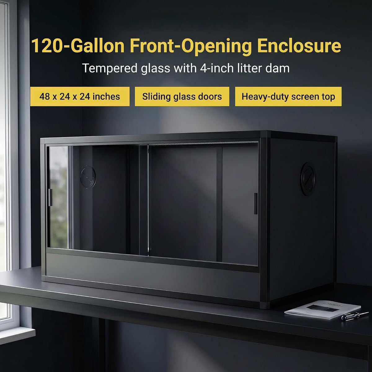 120 gallon reptile enclosure 48x24x24–premium tempered glass terrarium shown in use