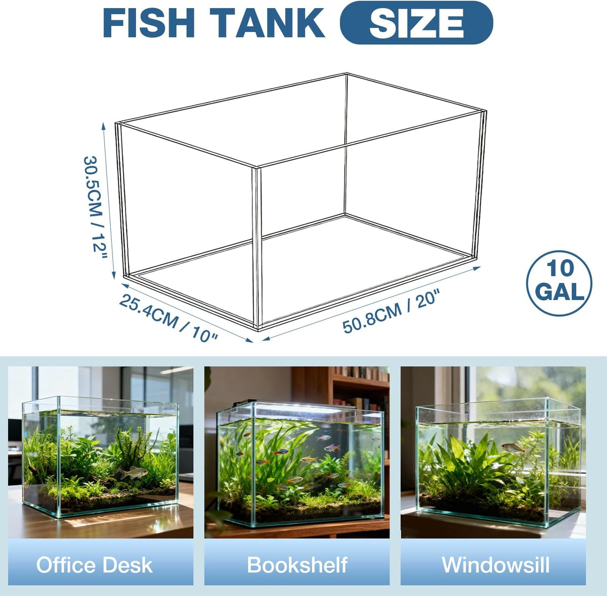 10 gallon rectangular fish tank, rimless ultra clear showing dimensions
