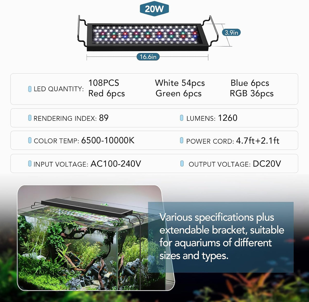 hygger 24/7 customizable aquarium led light, full spectrum on a desk or shelf