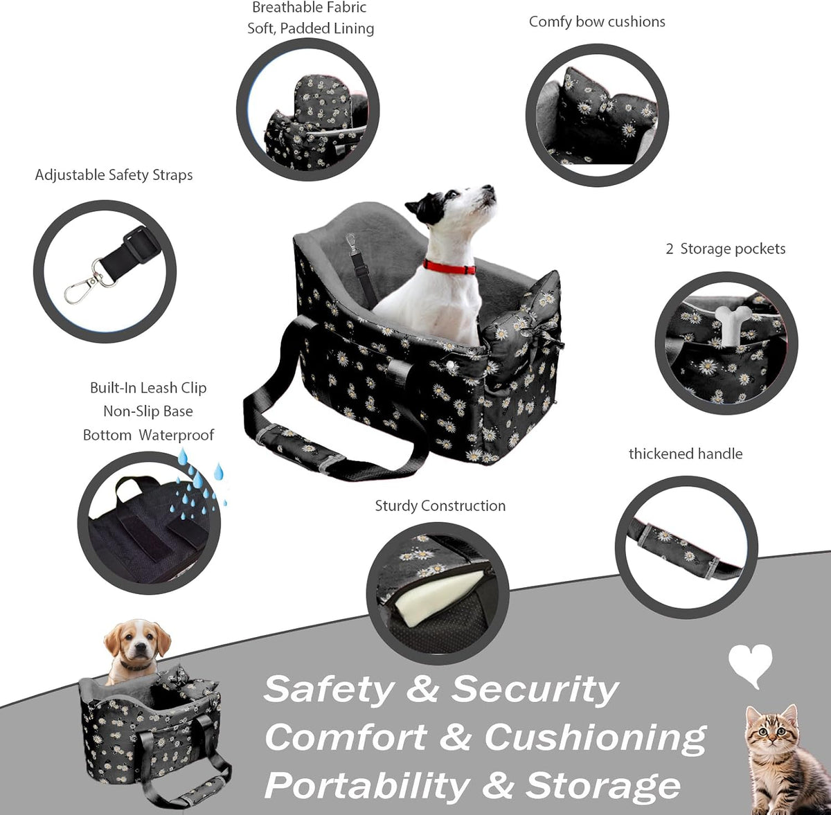 center console dog car seat for small dogs showing dimensions
