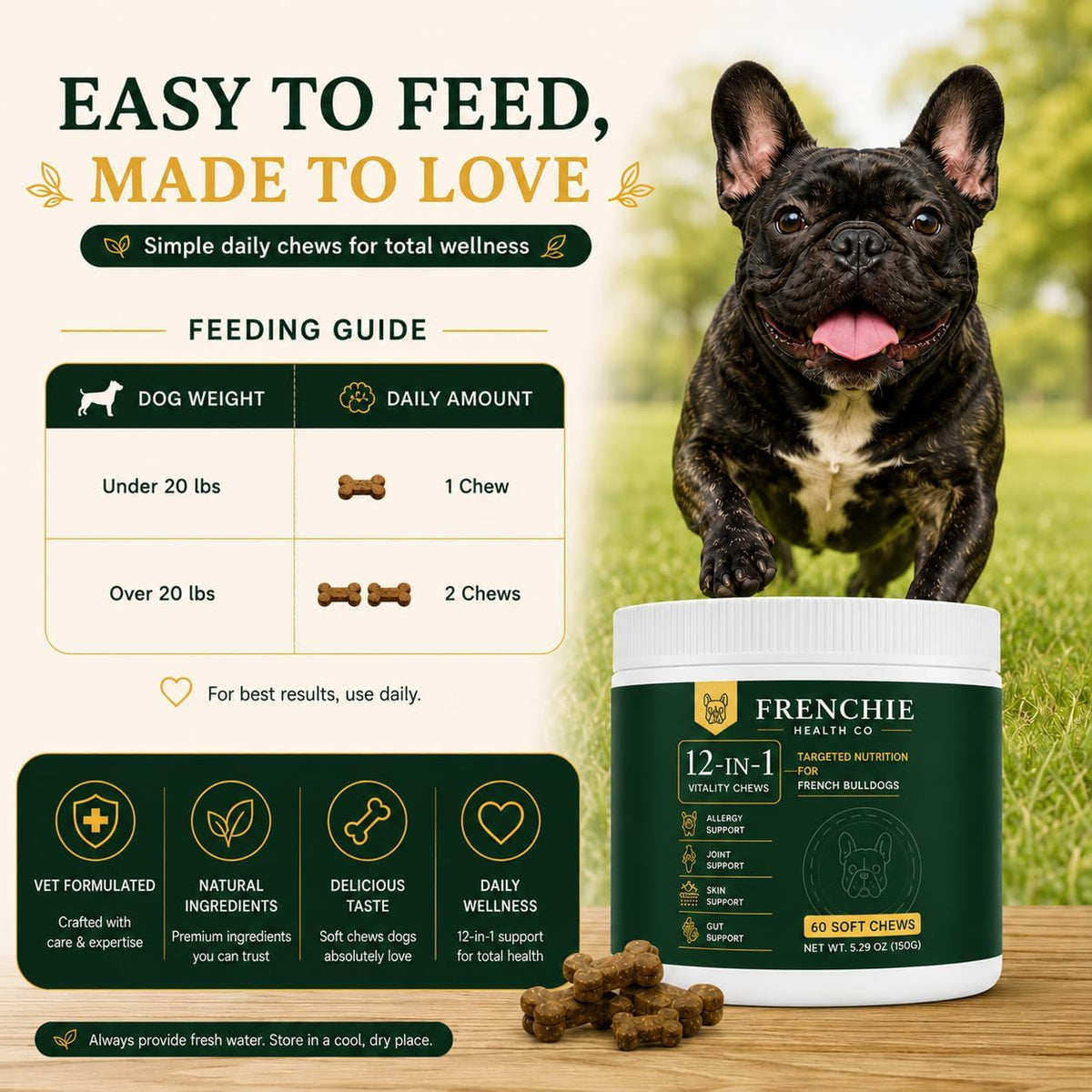 frenchie health co 12-in-1 daily health chews, side view