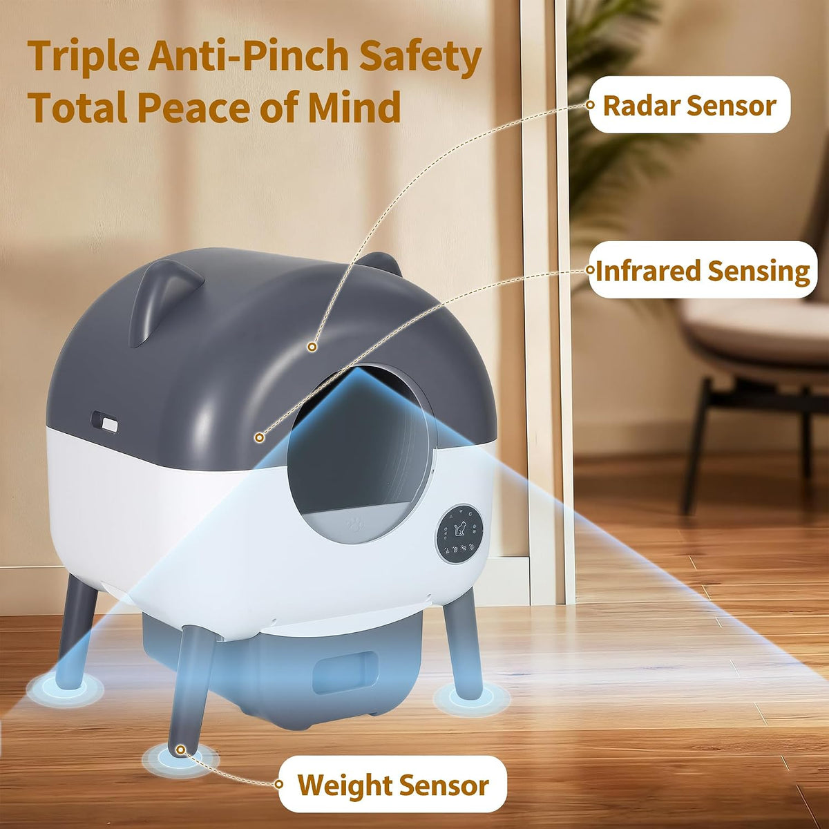 self-cleaning cat litter box, 76l large capacity automatic showing dimensions