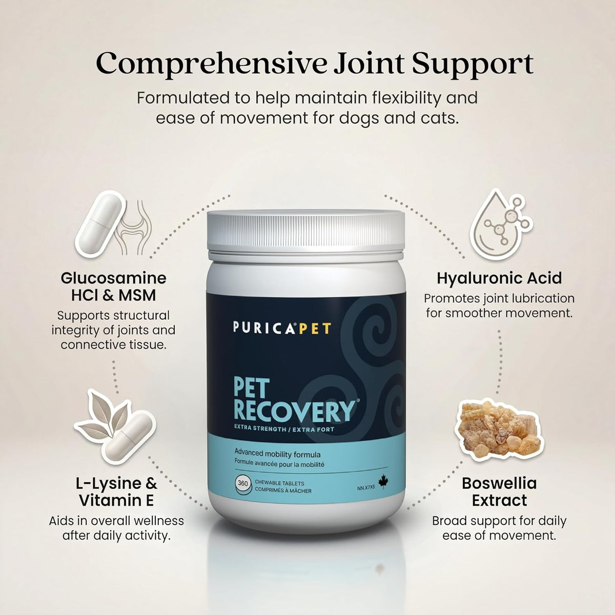 purica pet recovery extra strength, 360 chewable tablets, close-up detail