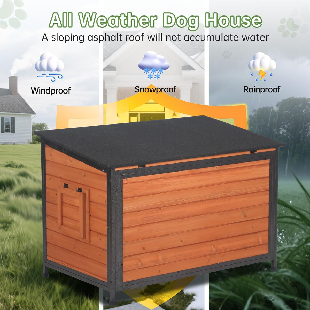 insulated outdoor wooden dog house, weatherproof chew resistant showing dimensions