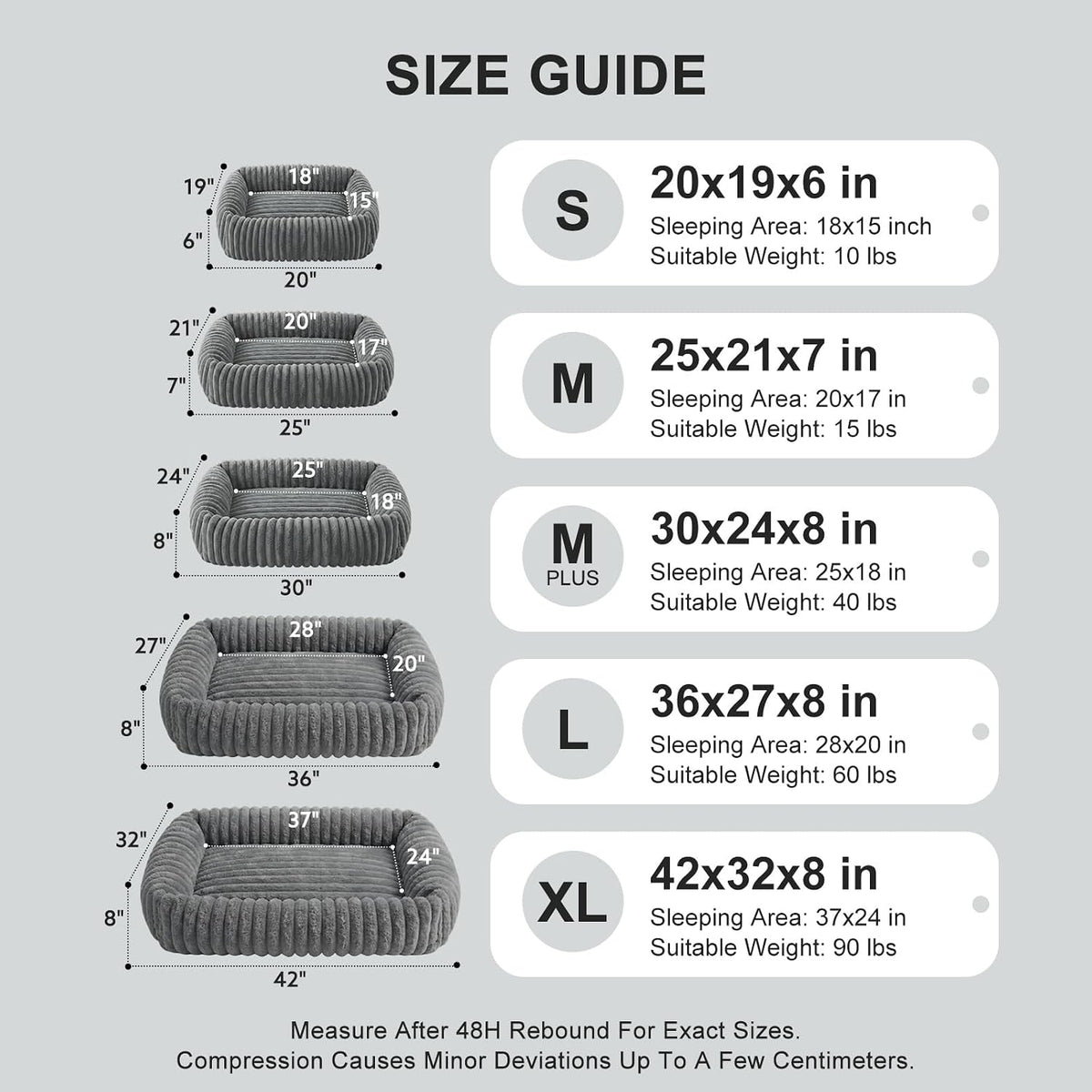 furtime dog bed for small medium dog, washable showing dimensions