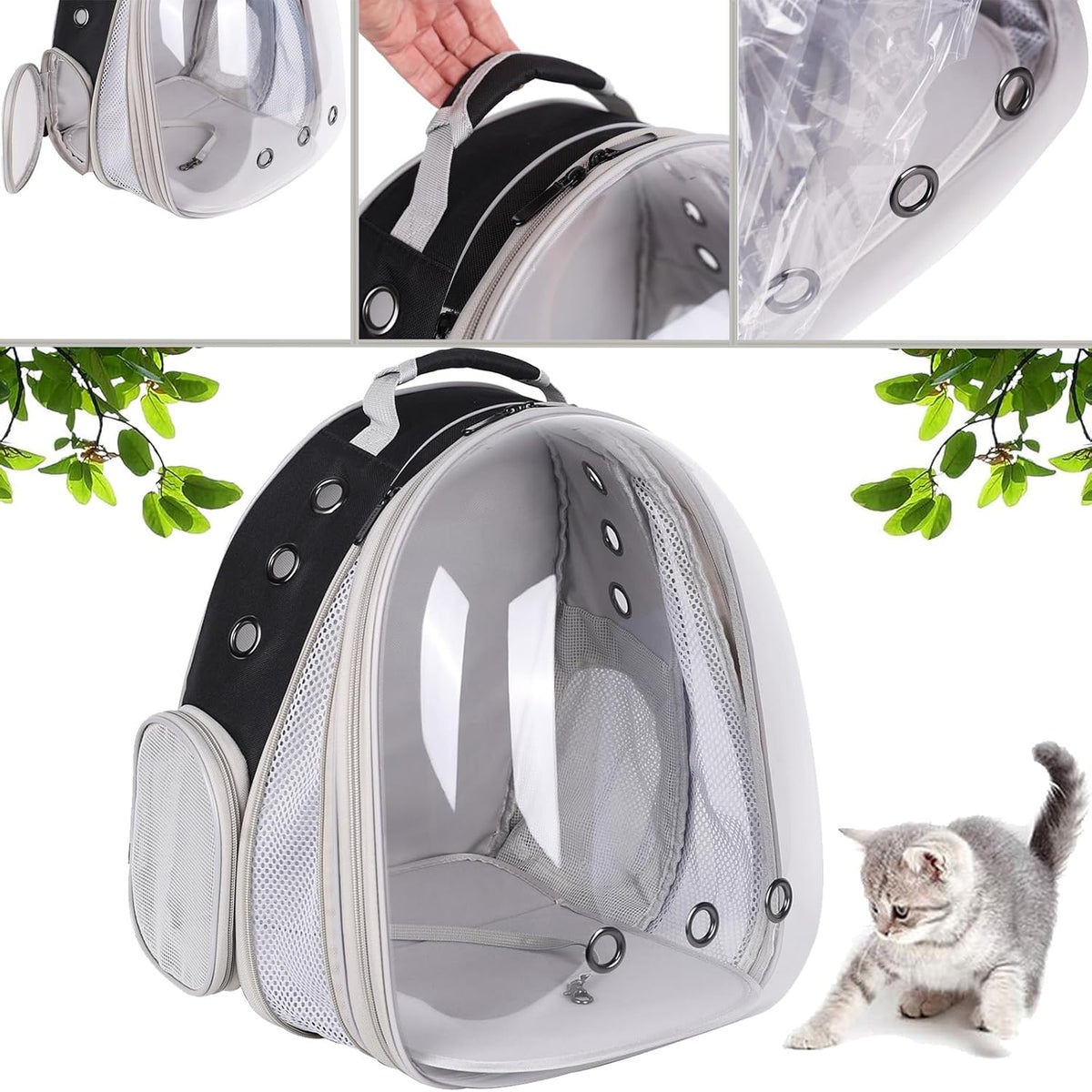 large cat backpack carrier, front extension with space, side view