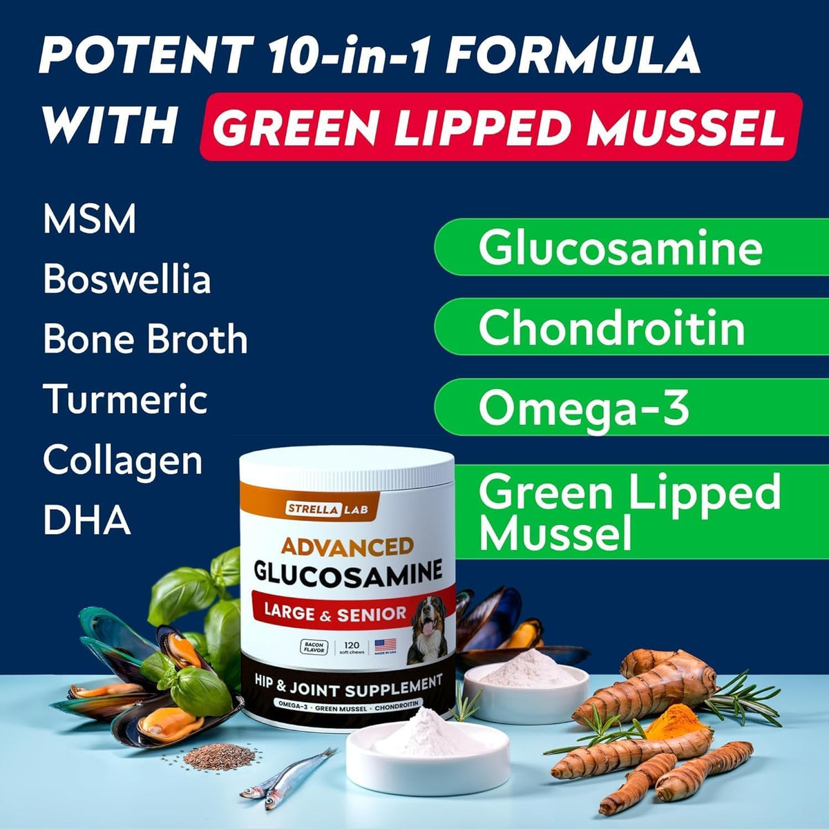 advanced glucosamine for dogs, collagen&green lipped mussel, side view