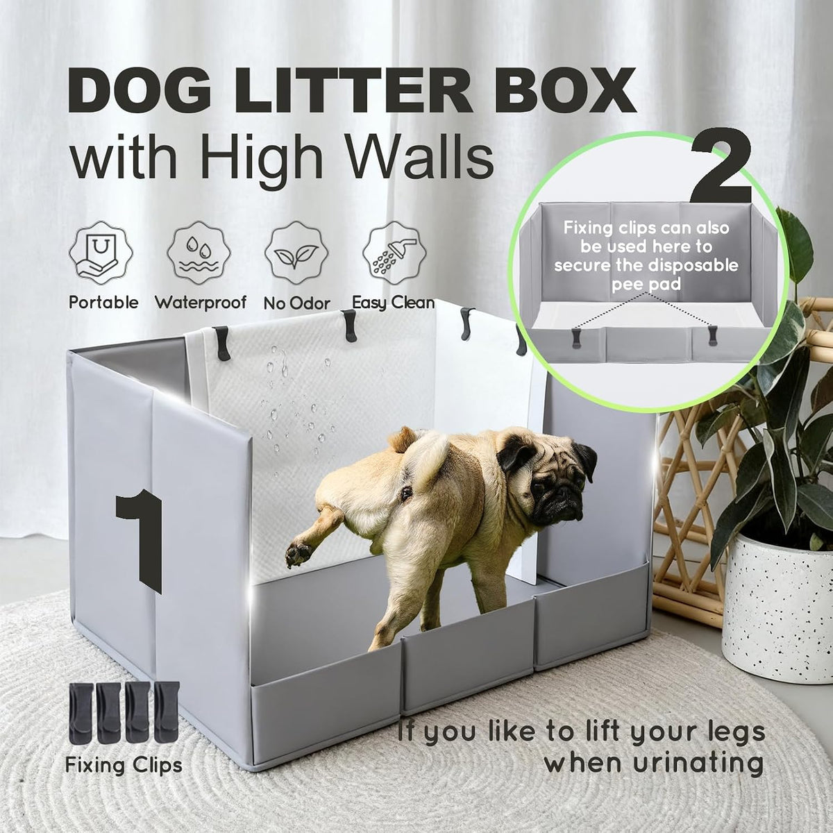 hq4us 4legs dog litter box indoor high walls shown in use