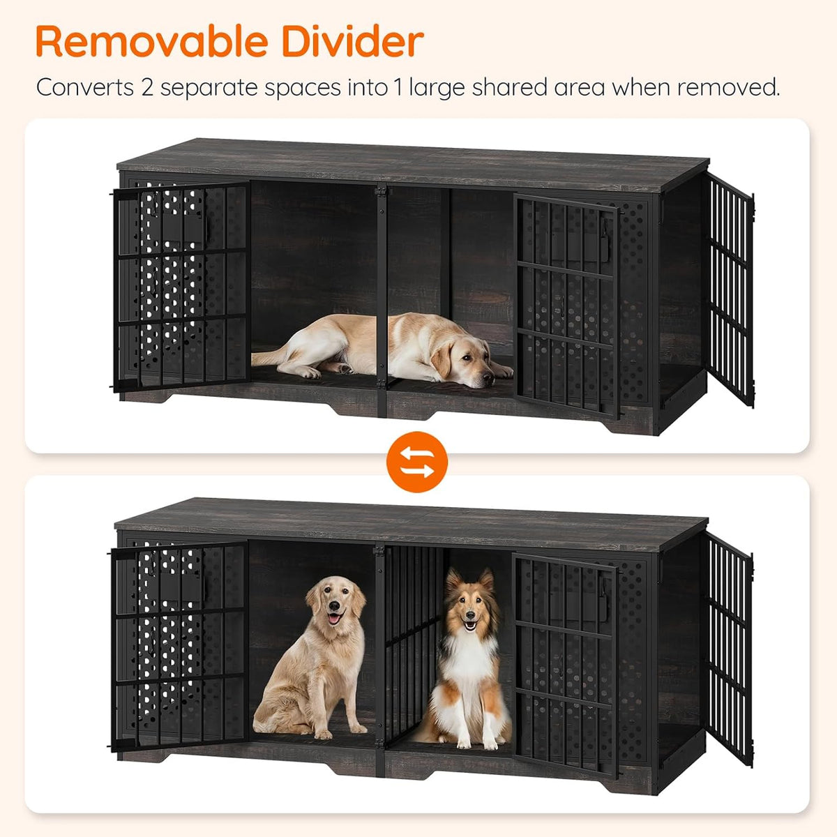 hoobro 71" dog crate furniture for 2 large showing dimensions