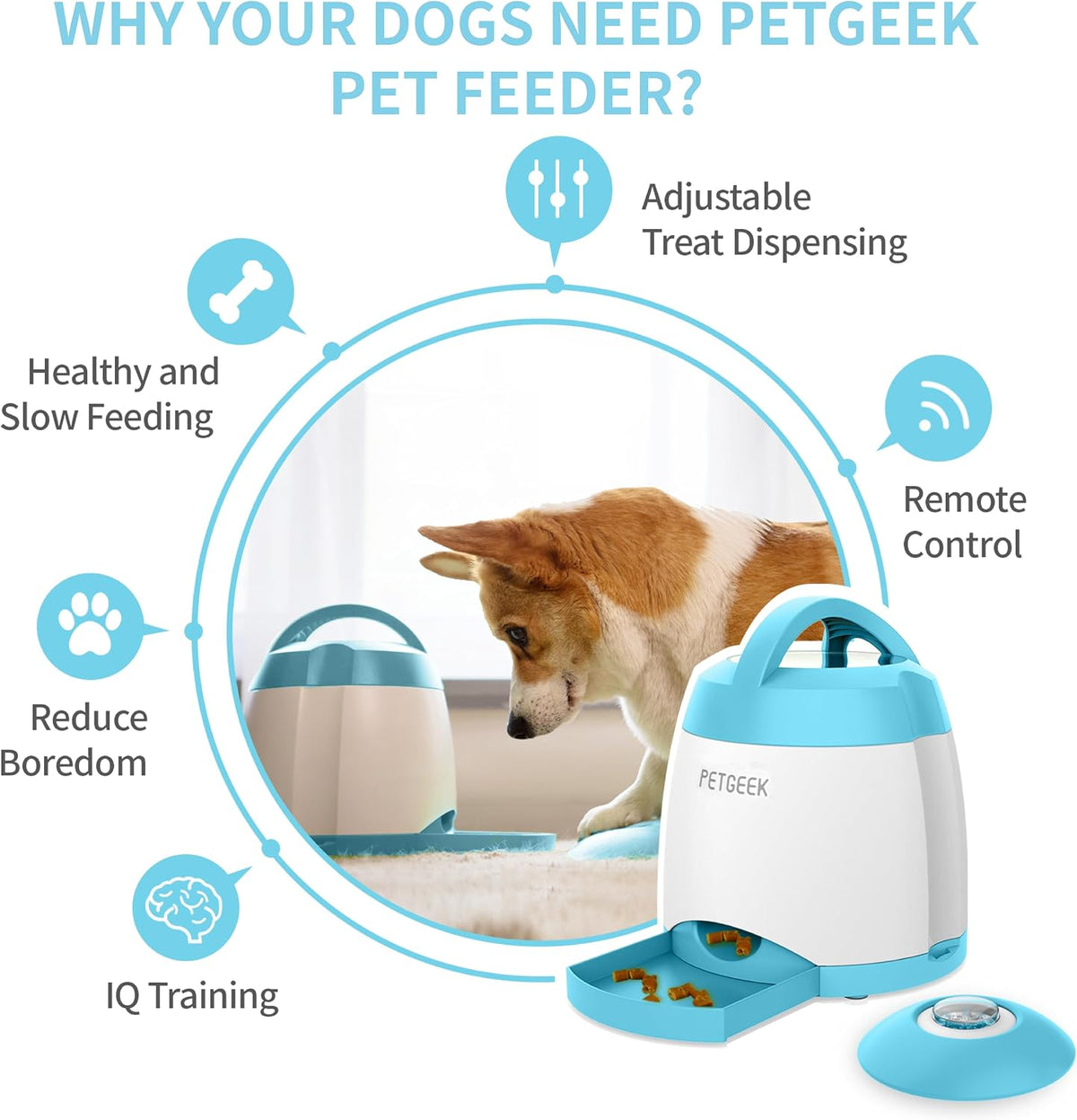 petgeek dog treat dispenser with button, automatic dog shown in use