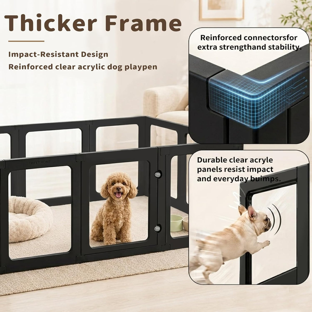 acrylic dog playpen indoor clear puppy fence, 24", close-up detail
